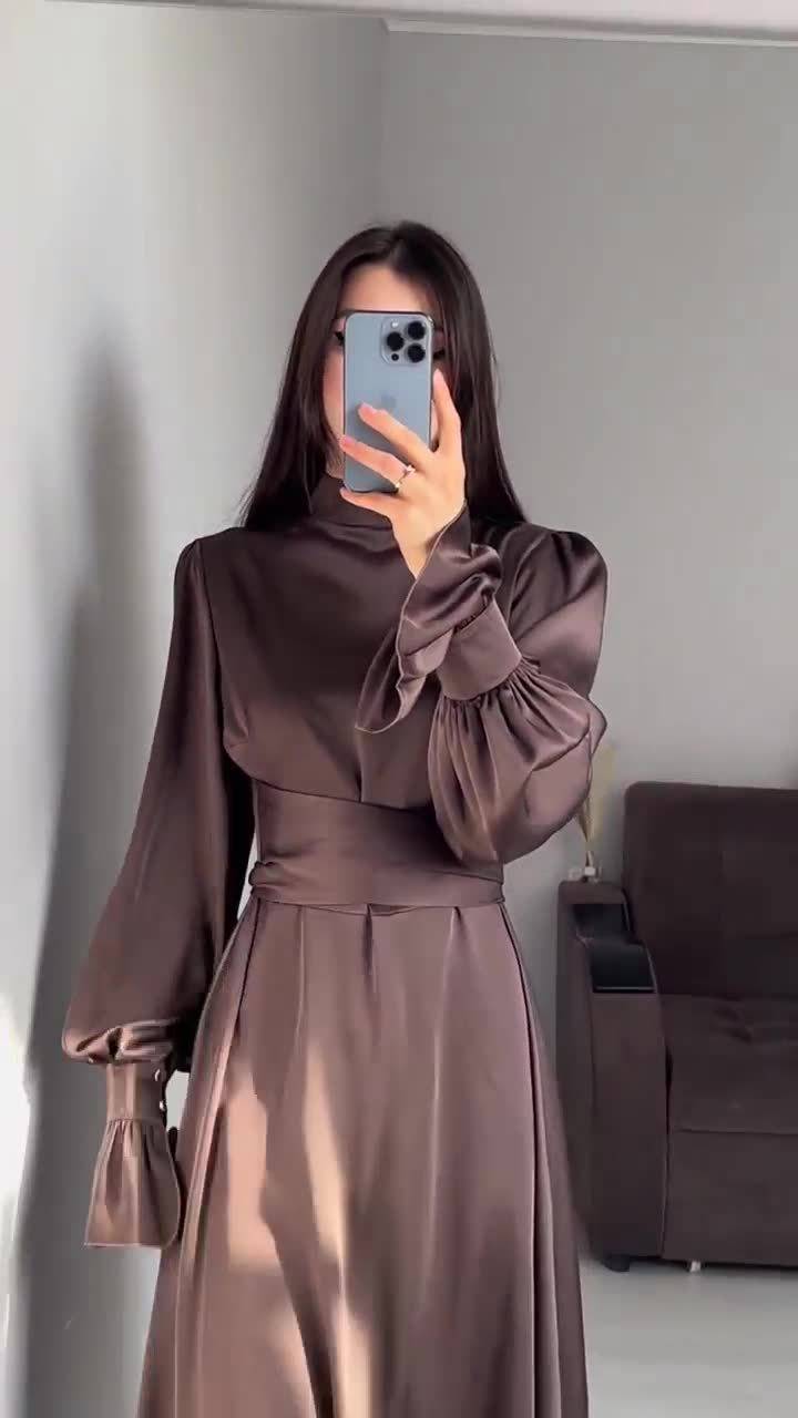 Long Sleeve Waist Puff Sleeve Solid Color Fairy Style Dress - MATCHING MASTER
