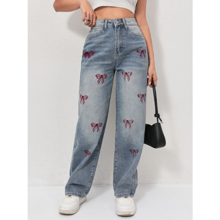 Bow embroidered wide jeans
