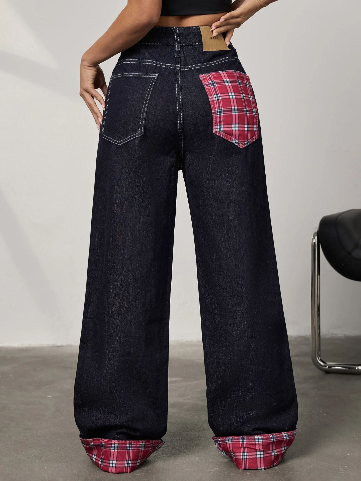 Panelled rolled-up plaid jeans