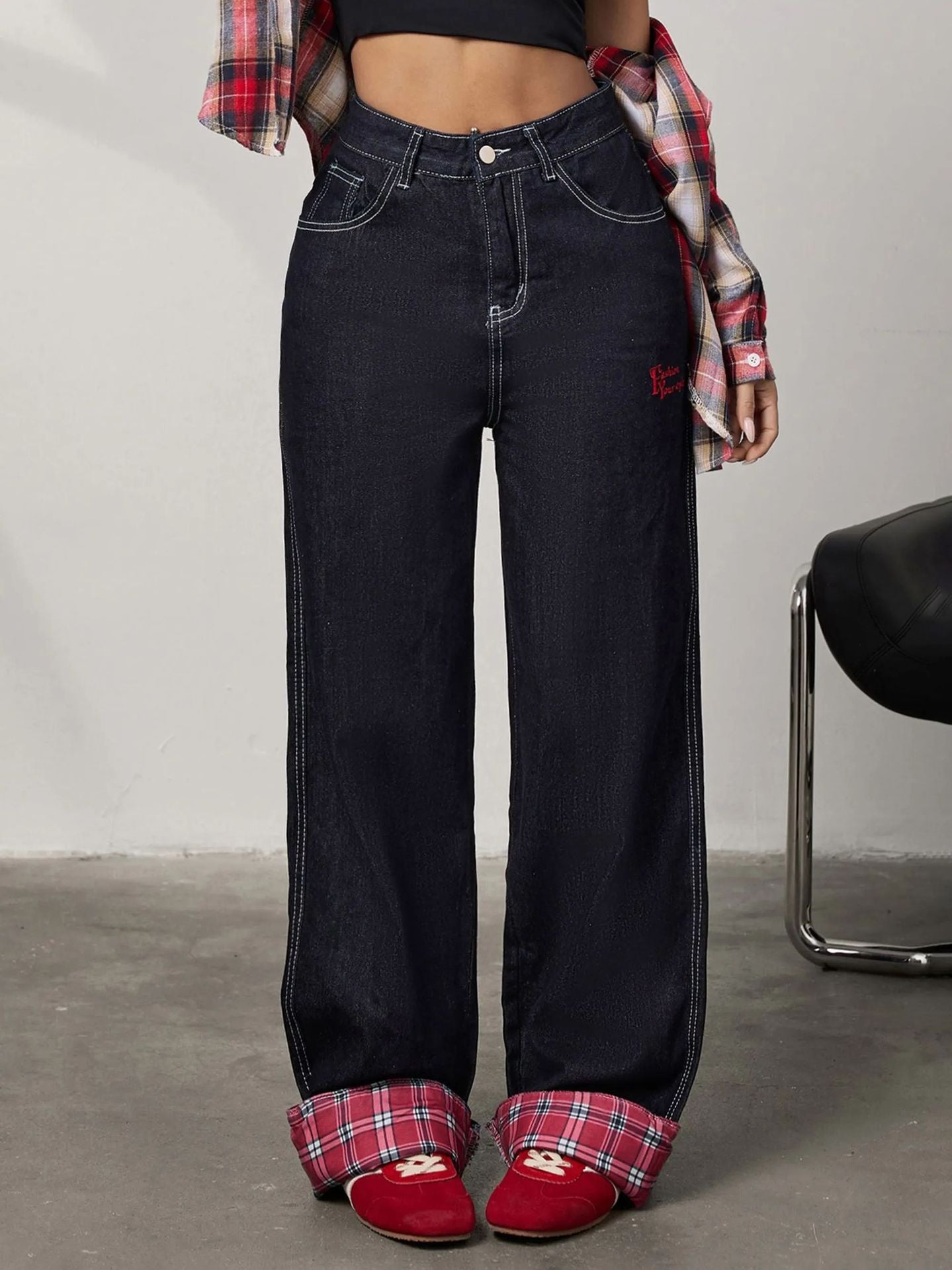 Panelled rolled-up plaid jeans