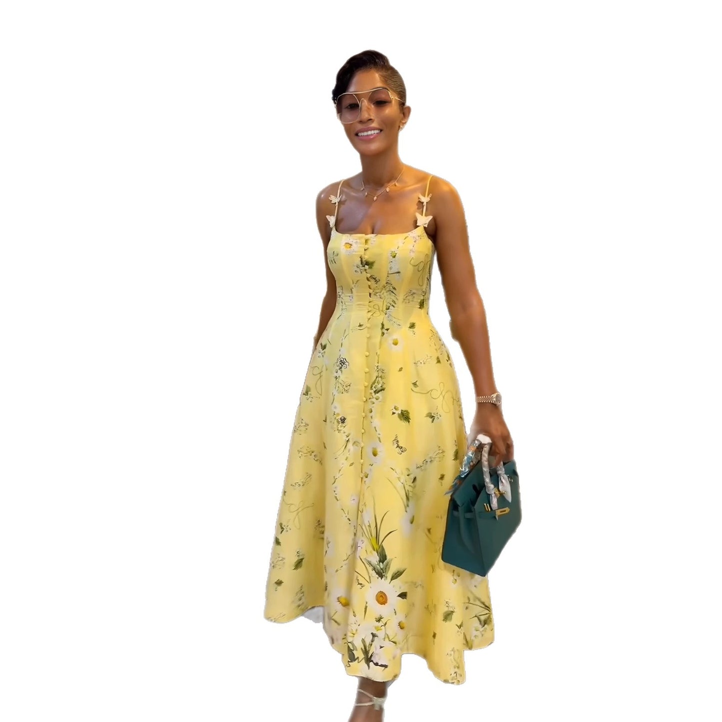 Silk Road QFX3369 2026 African New Fashion Fresh Print Button Split Strap Medium Long Waist-cinched Dress - BundleWear