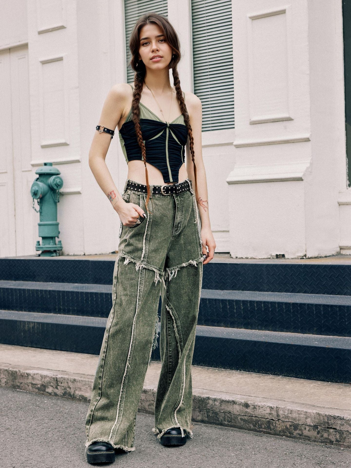 Raw edge panelled jeans