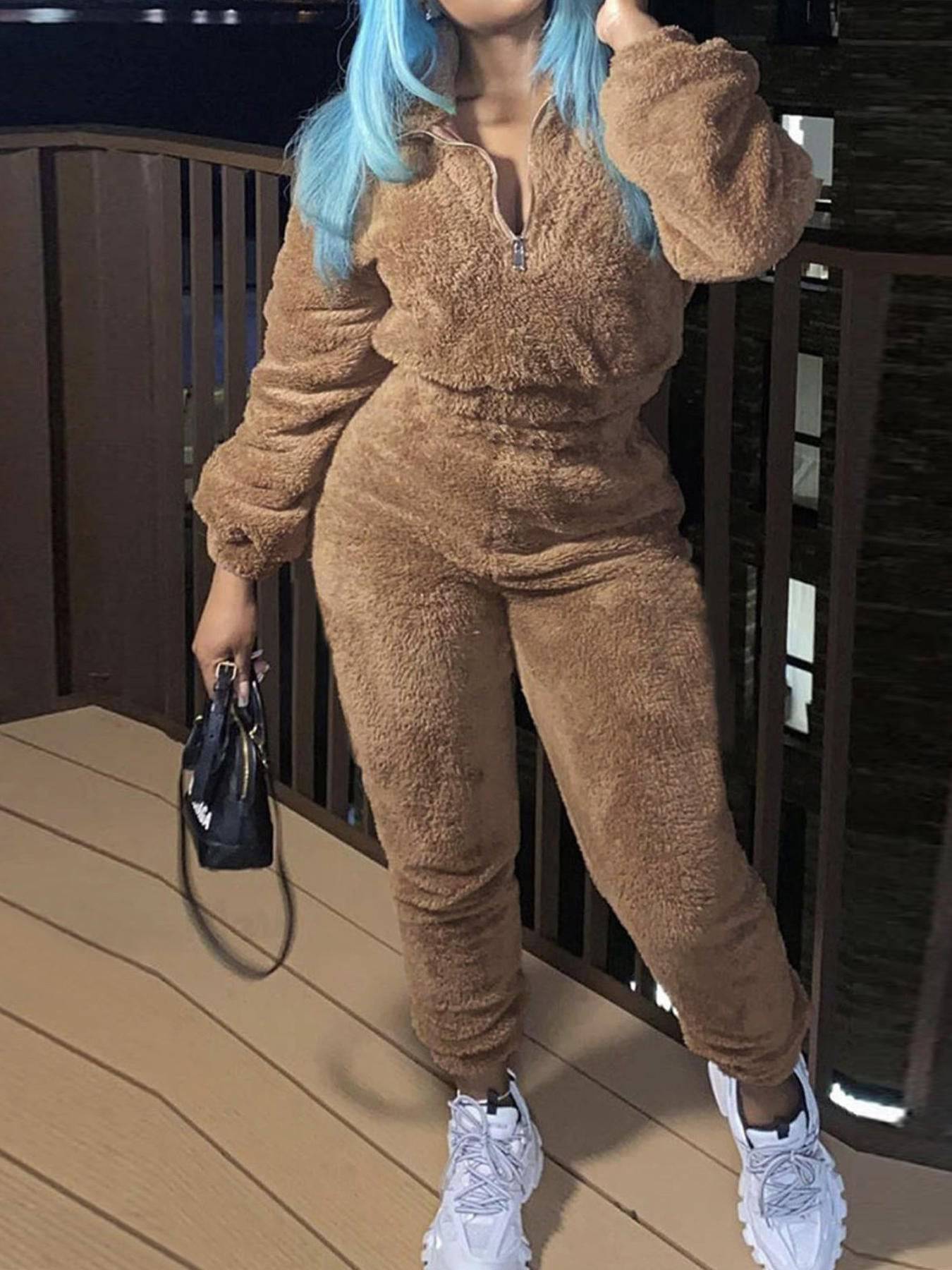 New women's pure color long -sleeved long pants autumn and winter plush casual fashion set - MATCHING MASTER