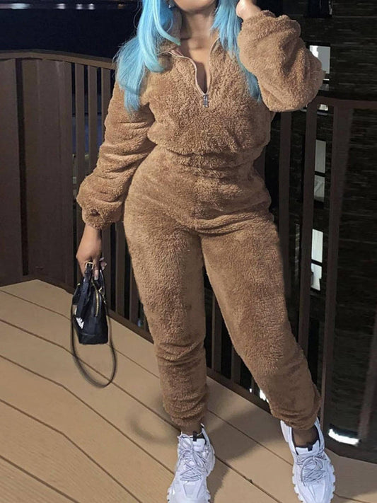 New women's pure color long -sleeved long pants autumn and winter plush casual fashion set - MATCHING MASTER