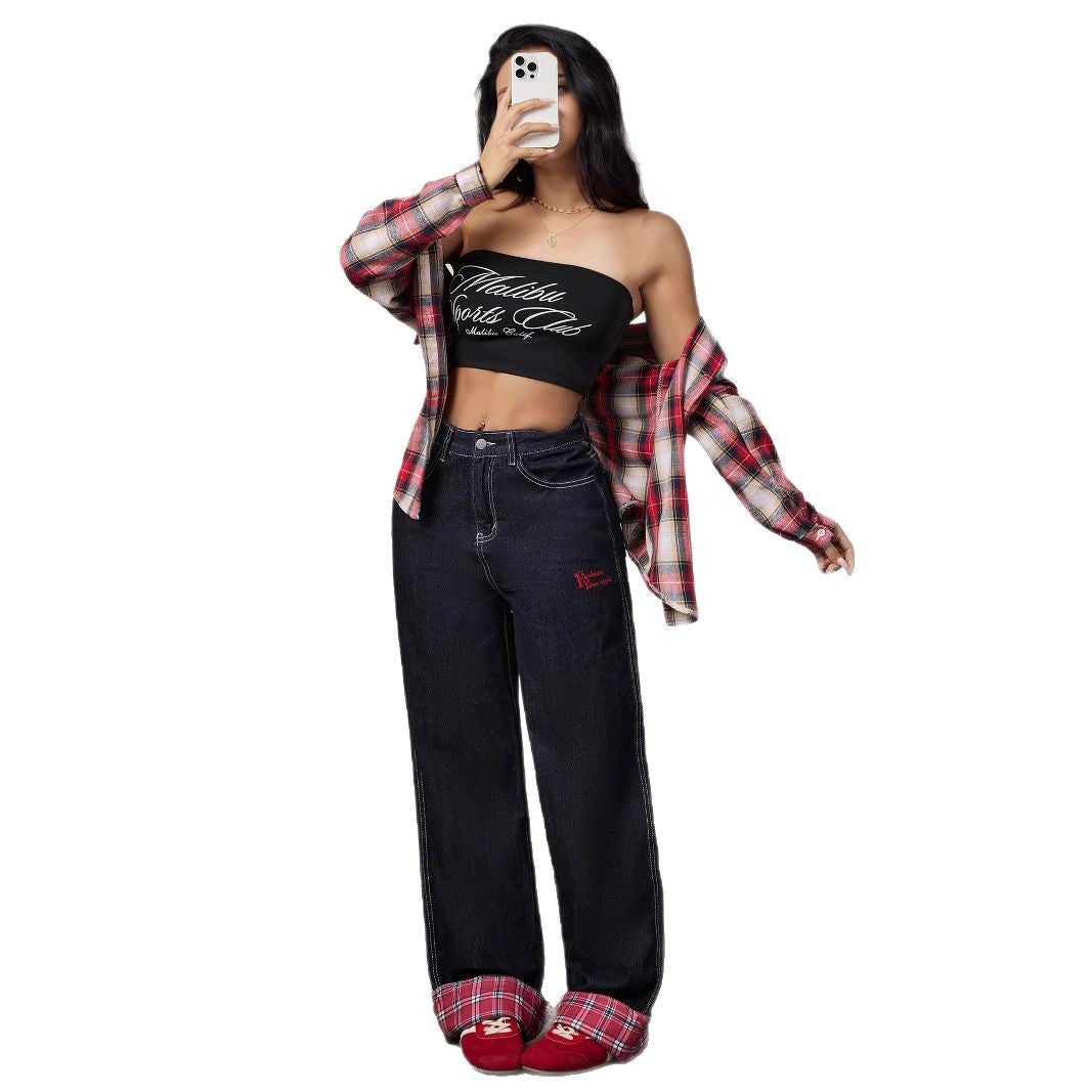 Panelled rolled-up plaid jeans