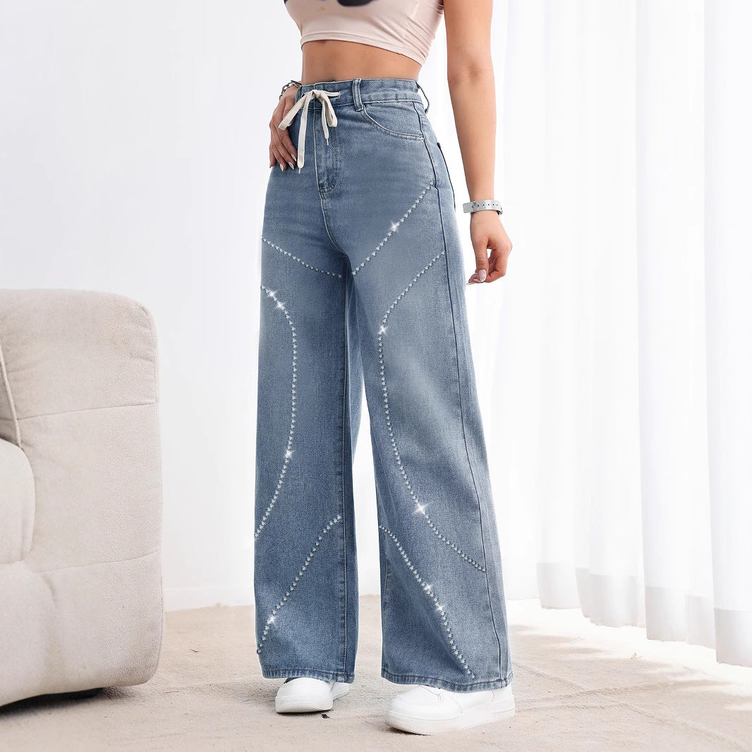 Rhinestone Beaded Denim Pants