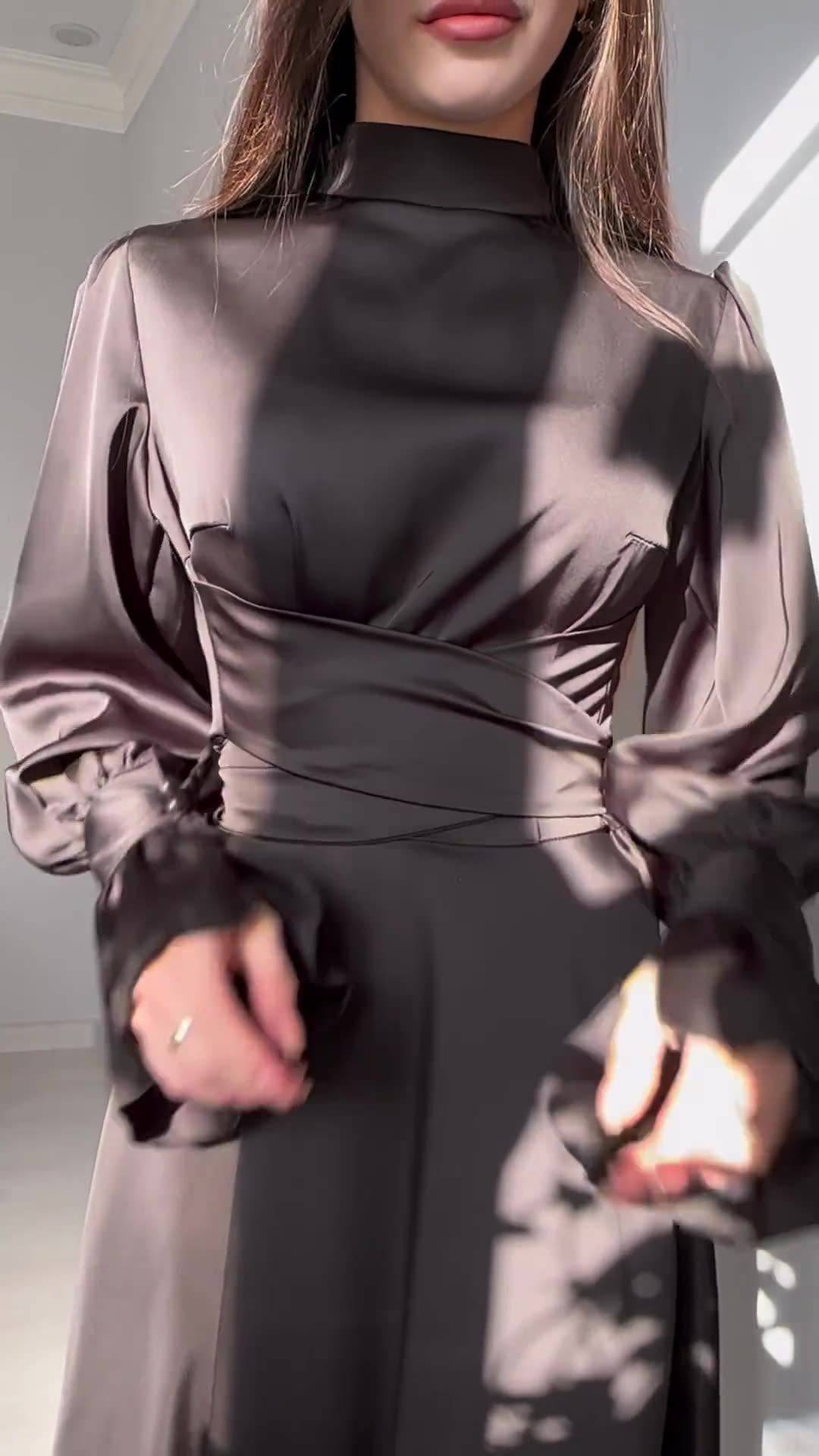 Long Sleeve Waist Puff Sleeve Solid Color Fairy Style Dress - MATCHING MASTER