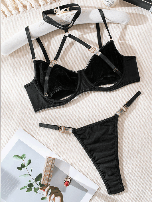 Solid Velvet Halter Lingerie Set - MATCHING MASTER