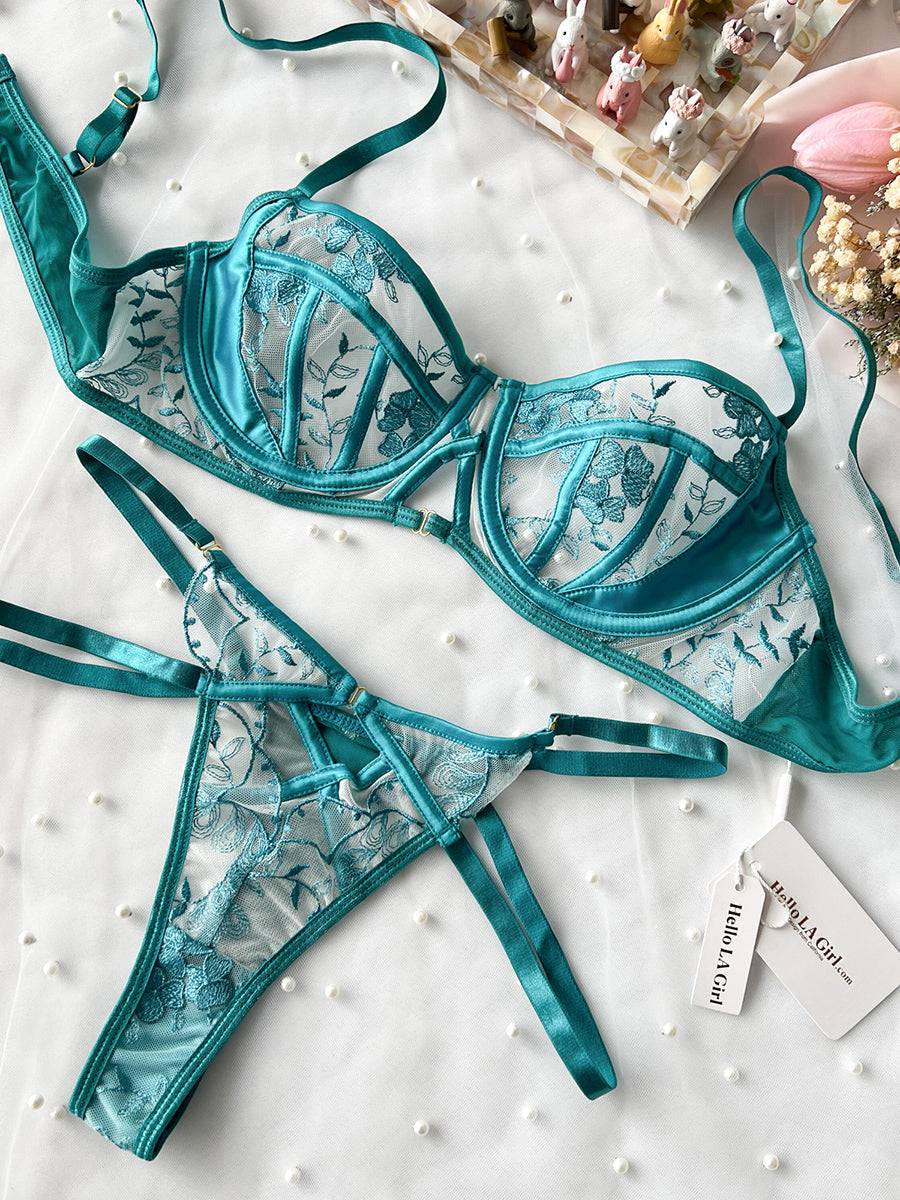 Turquoise Floral Embroidery Lingerie Set - MATCHING MASTER