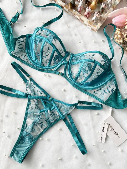 Turquoise Floral Embroidery Lingerie Set - MATCHING MASTER