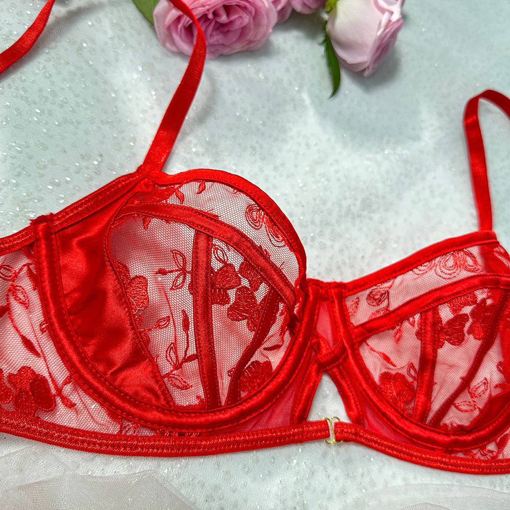Red Floral Embroidery Lingerie Set - MATCHING MASTER