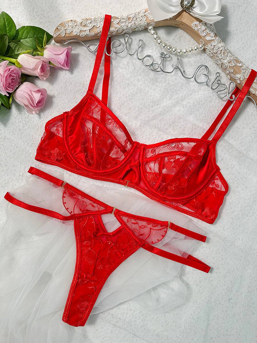 Red Floral Embroidery Lingerie Set - MATCHING MASTER