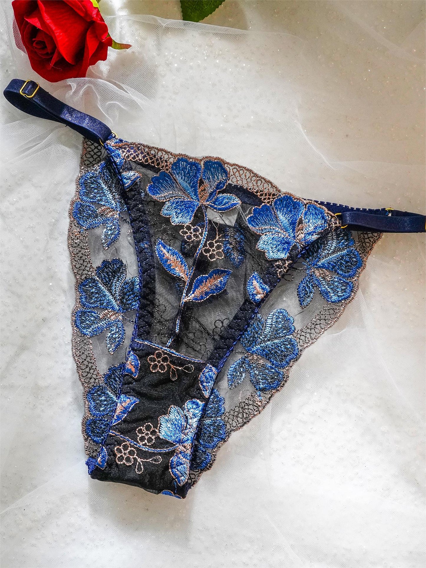 Blue Floral Embroidery Widen Side Lingerie Set