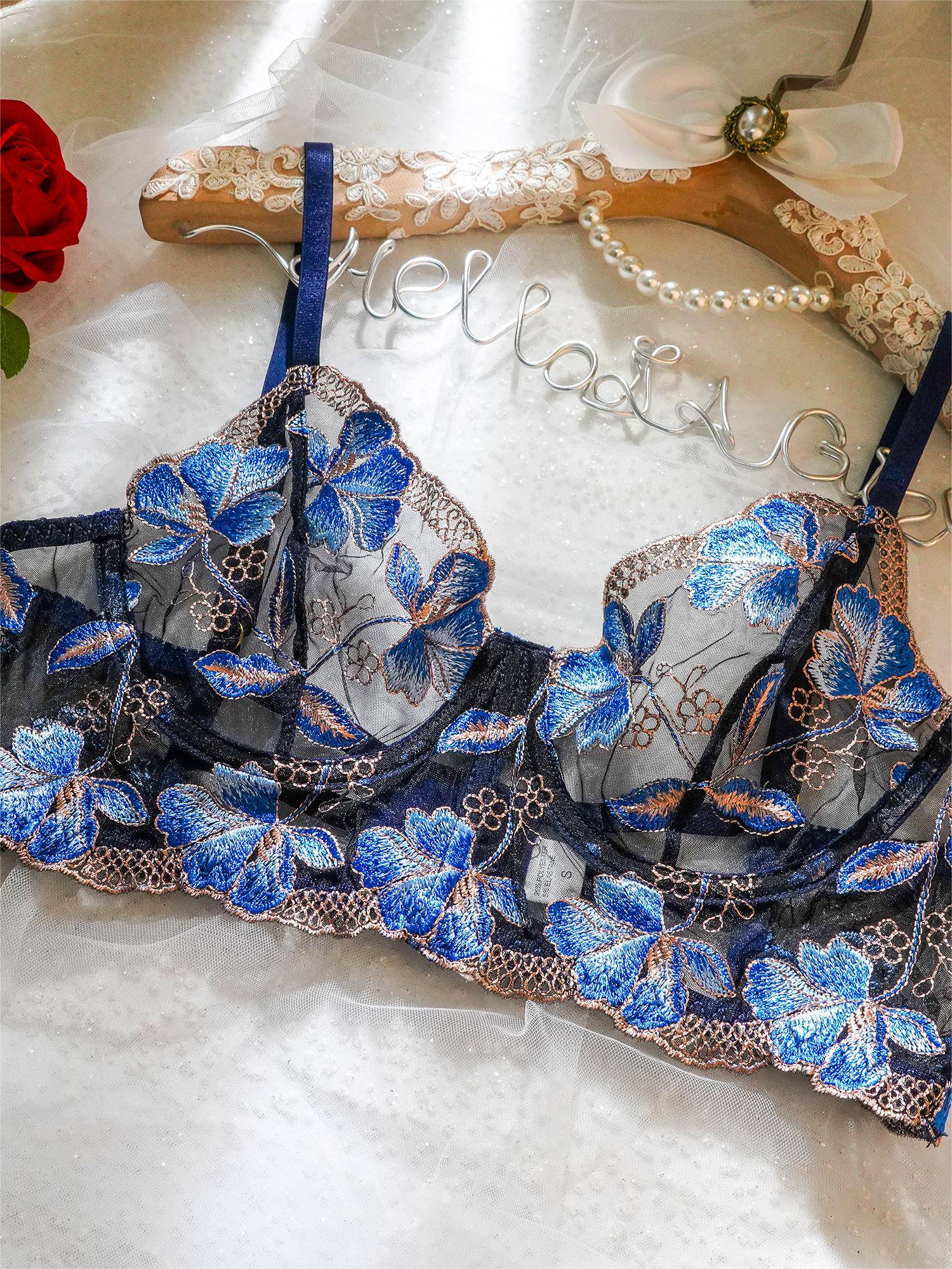 Blue Floral Embroidery Widen Side Lingerie Set - MATCHING MASTER