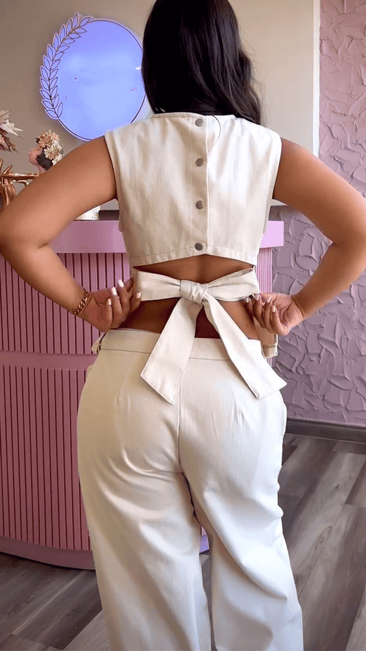 Women's Round Neck Back Strap Hollow Casual Suit