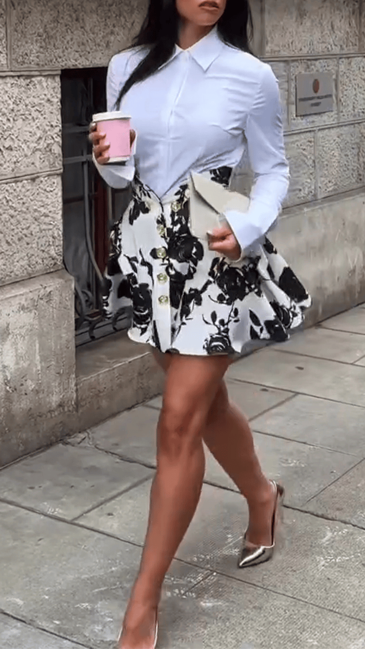 Ladies Collar Shirt+ Printed Skirt Temperament Casual Suit - MATCHING MASTER