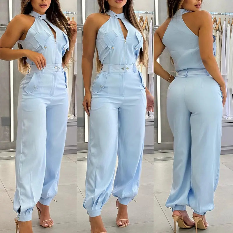 Ladies' 2 Pieces Outfits Sleeveless High Neck Cargo Pockets Design Top and Casual Cuffed Long Pants Set - MATCHING MASTER