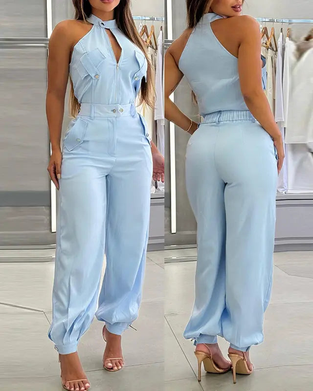 Ladies' 2 Pieces Outfits Sleeveless High Neck Cargo Pockets Design Top and Casual Cuffed Long Pants Set - MATCHING MASTER