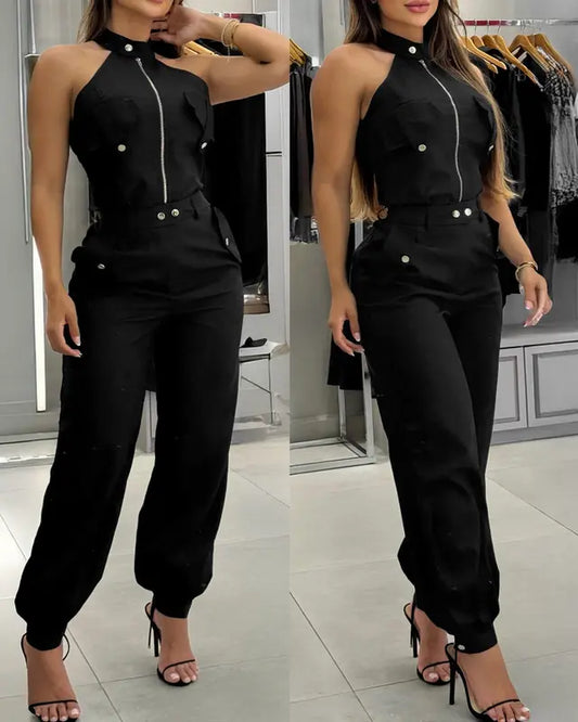Ladies' 2 Pieces Outfits Sleeveless High Neck Cargo Pockets Design Top and Casual Cuffed Long Pants Set - MATCHING MASTER