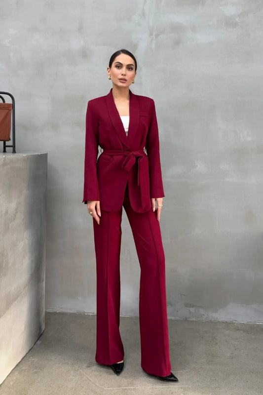 Ladies' Double Belted Blazer Jacket and Trouser Set - MATCHING MASTER