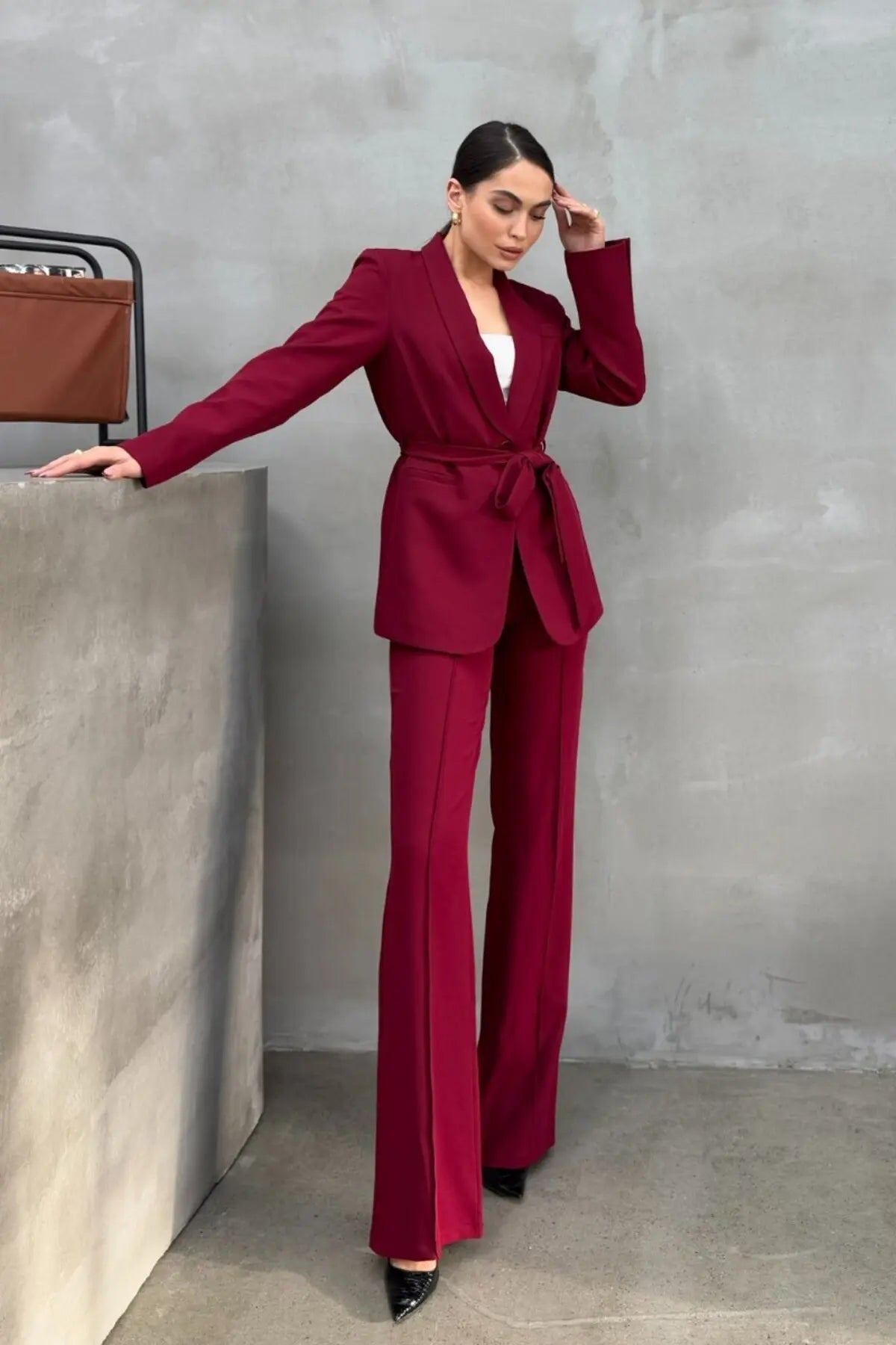 Ladies' Double Belted Blazer Jacket and Trouser Set - MATCHING MASTER