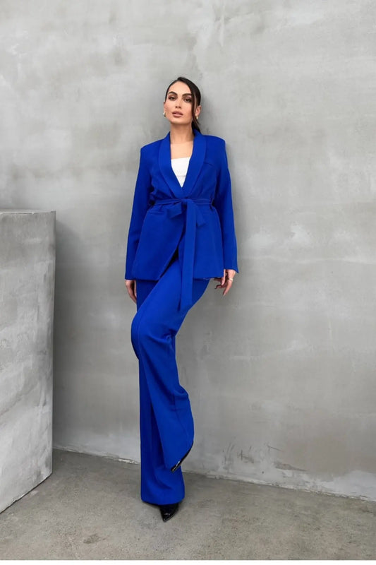 Ladies' Double Belted Blazer Jacket and Trouser Set - MATCHING MASTER