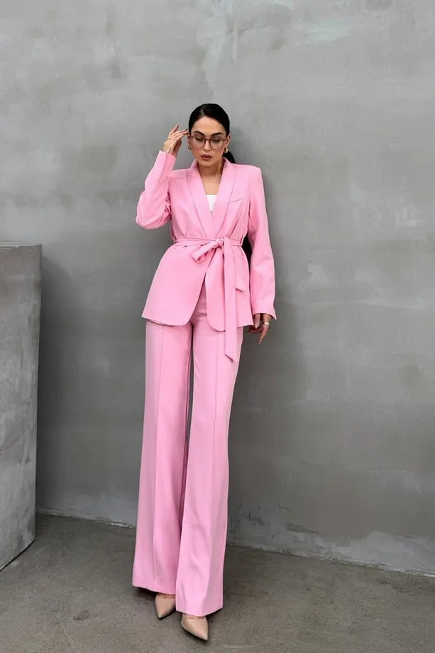 Ladies' Double Belted Blazer Jacket and Trouser Set - MATCHING MASTER