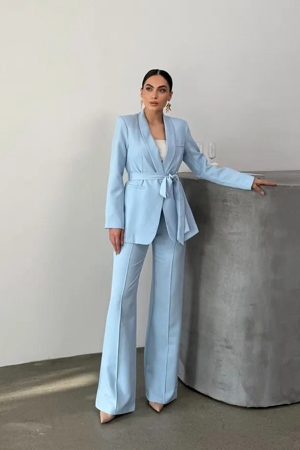 Ladies' Double Belted Blazer Jacket and Trouser Set - MATCHING MASTER