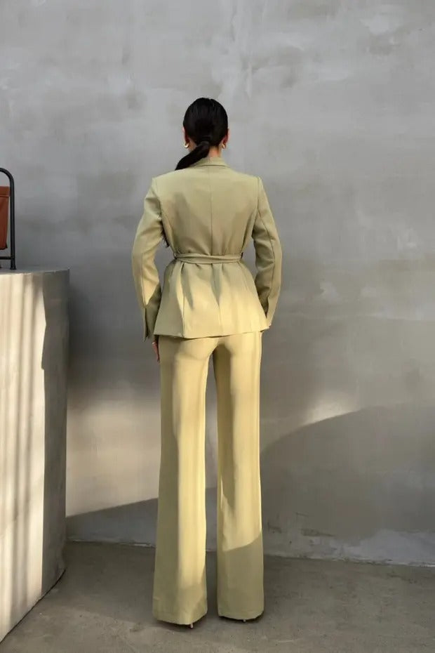 Ladies' Double Belted Blazer Jacket and Trouser Set - MATCHING MASTER