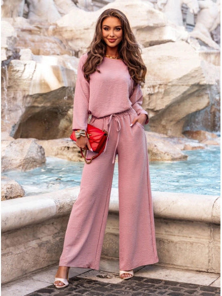 Solid color round neck linen cotton top and casual lace-up loose pants (2 pieces) - MATCHING MASTER