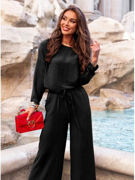 Solid color round neck linen cotton top and casual lace-up loose pants (2 pieces) - MATCHING MASTER