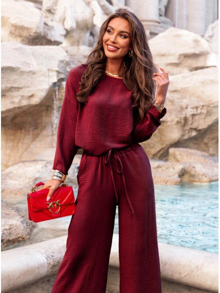 Solid color round neck linen cotton top and casual lace-up loose pants (2 pieces) - MATCHING MASTER