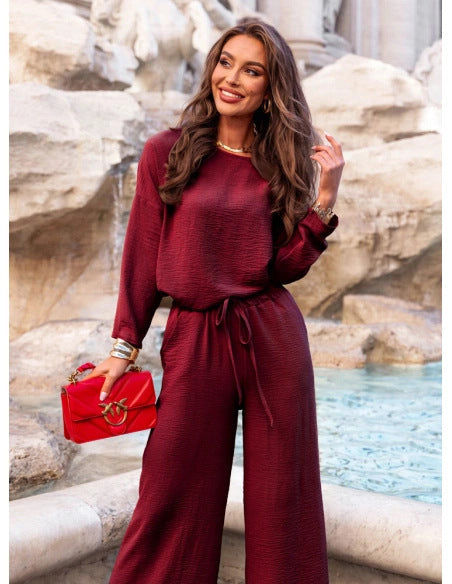 Solid color round neck linen cotton top and casual lace-up loose pants (2 pieces) - MATCHING MASTER