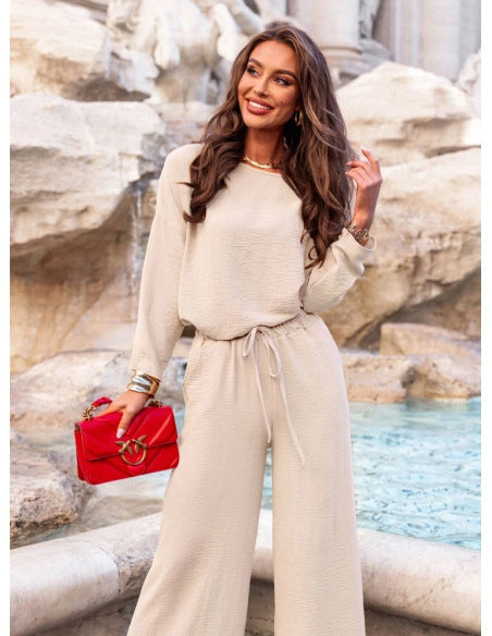 Solid color round neck linen cotton top and casual lace-up loose pants (2 pieces) - MATCHING MASTER