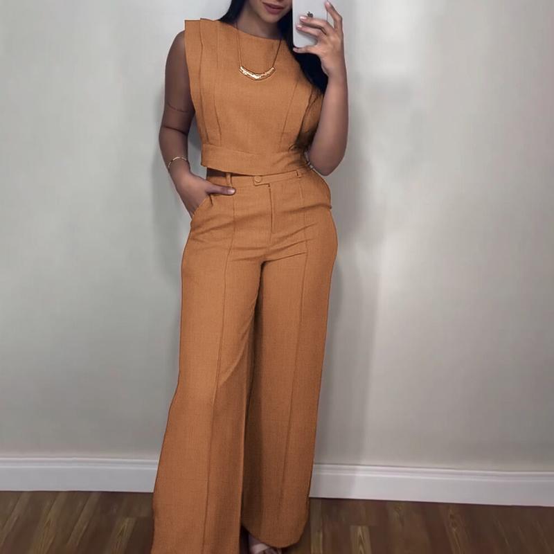 Ladies' 2 Pieces Round Neck Cap Sleeve Crop Top and Casual Pocket Design Straight Pants Set - MATCHING MASTER