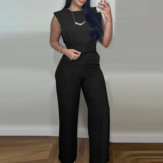 Ladies' 2 Pieces Round Neck Cap Sleeve Crop Top and Casual Pocket Design Straight Pants Set - MATCHING MASTER