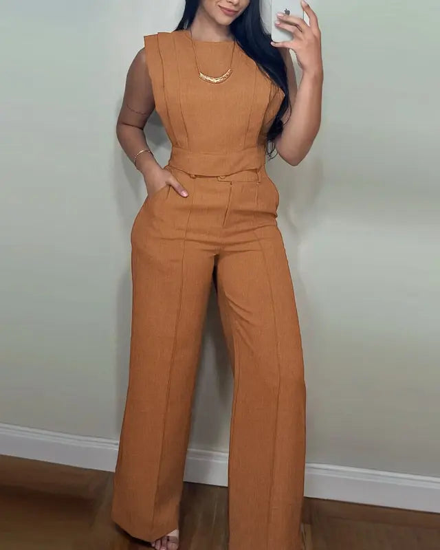 Ladies' 2 Pieces Round Neck Cap Sleeve Crop Top and Casual Pocket Design Straight Pants Set - MATCHING MASTER