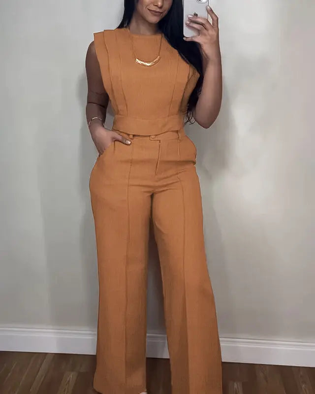 Ladies' 2 Pieces Round Neck Cap Sleeve Crop Top and Casual Pocket Design Straight Pants Set - MATCHING MASTER