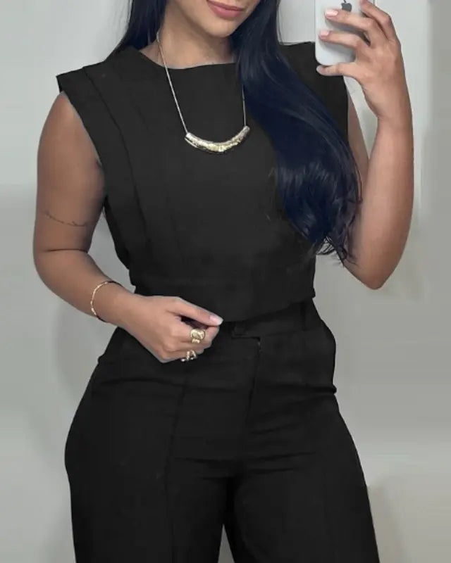 Ladies' 2 Pieces Round Neck Cap Sleeve Crop Top and Casual Pocket Design Straight Pants Set - MATCHING MASTER