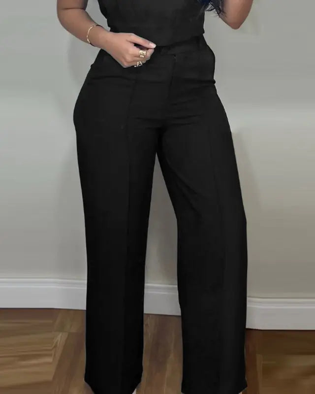 Ladies' 2 Pieces Round Neck Cap Sleeve Crop Top and Casual Pocket Design Straight Pants Set - MATCHING MASTER