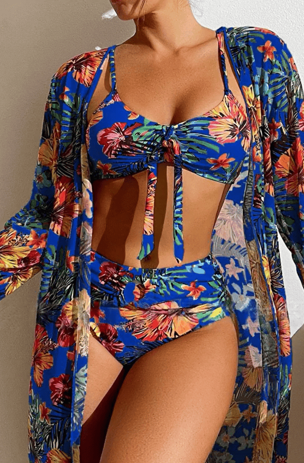 Women's 3-piece V-neck floral print bikini set - MATCHING MASTER