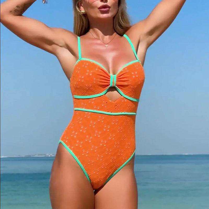 Women's One Piece Color Block Cutout Front Swimsuit - MATCHING MASTER