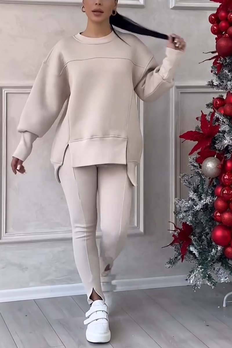Women's Casual Solid Color Round Neck Long Sleeve Slit Hem Sweatshirt Leggings Set