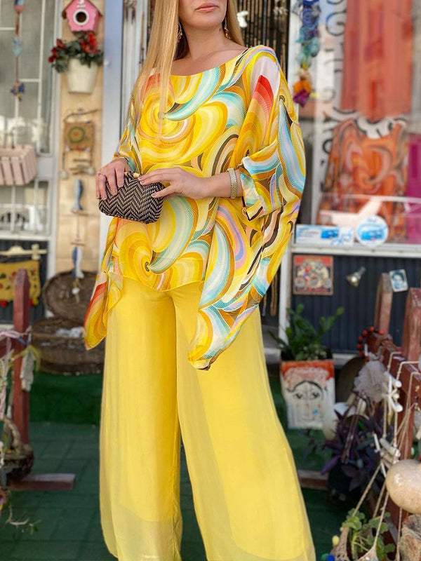 Women Colorful Chiffon Set Summer Casual Crew Neck Printed Two Piece Suit - MATCHING MASTER