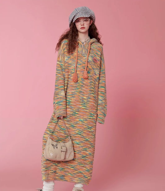 Autumn and winter colorful hooded sweater dress - MATCHING MASTER