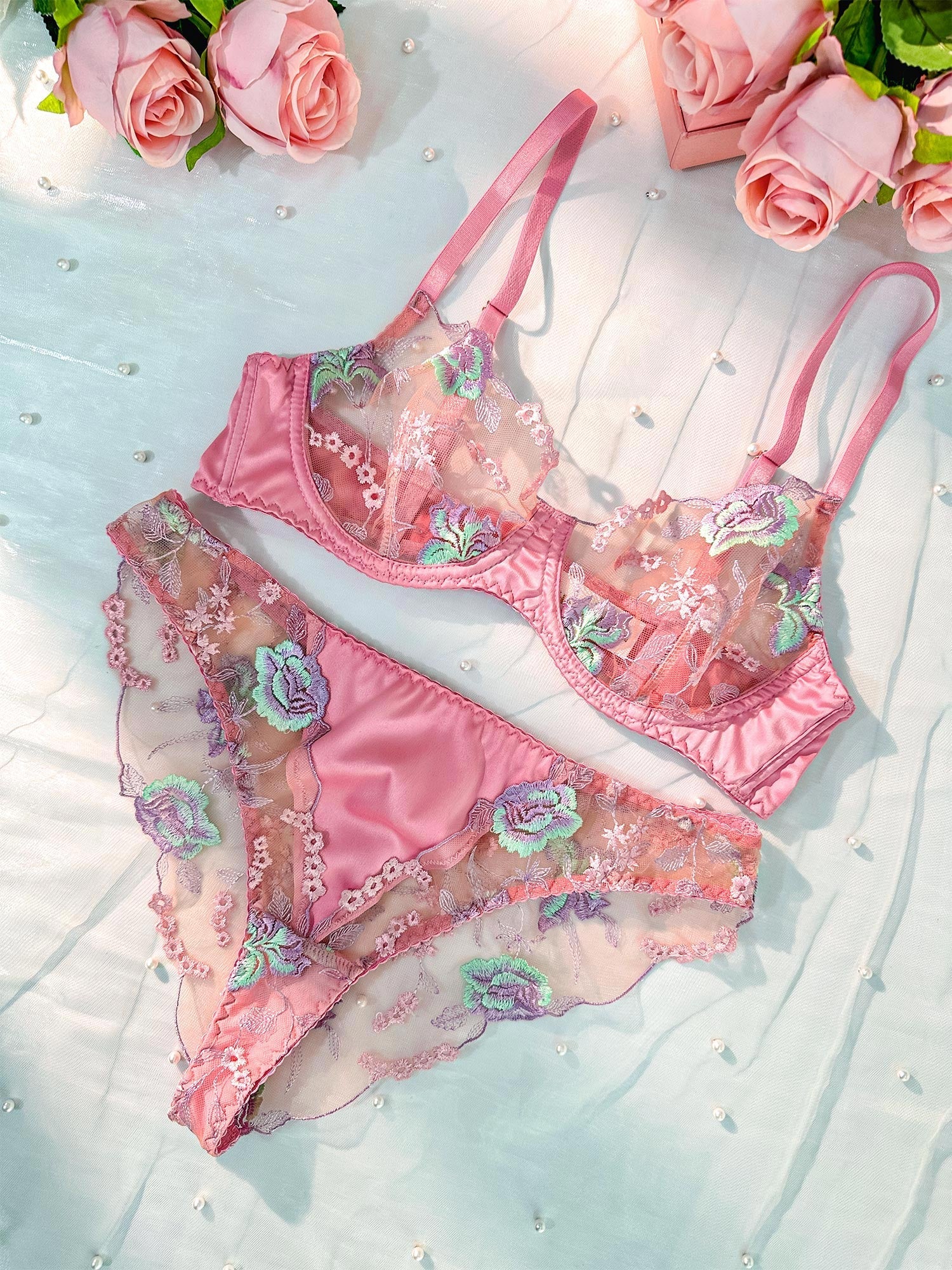 Pink Petals Embroidered Lingerie Set - MATCHING MASTER