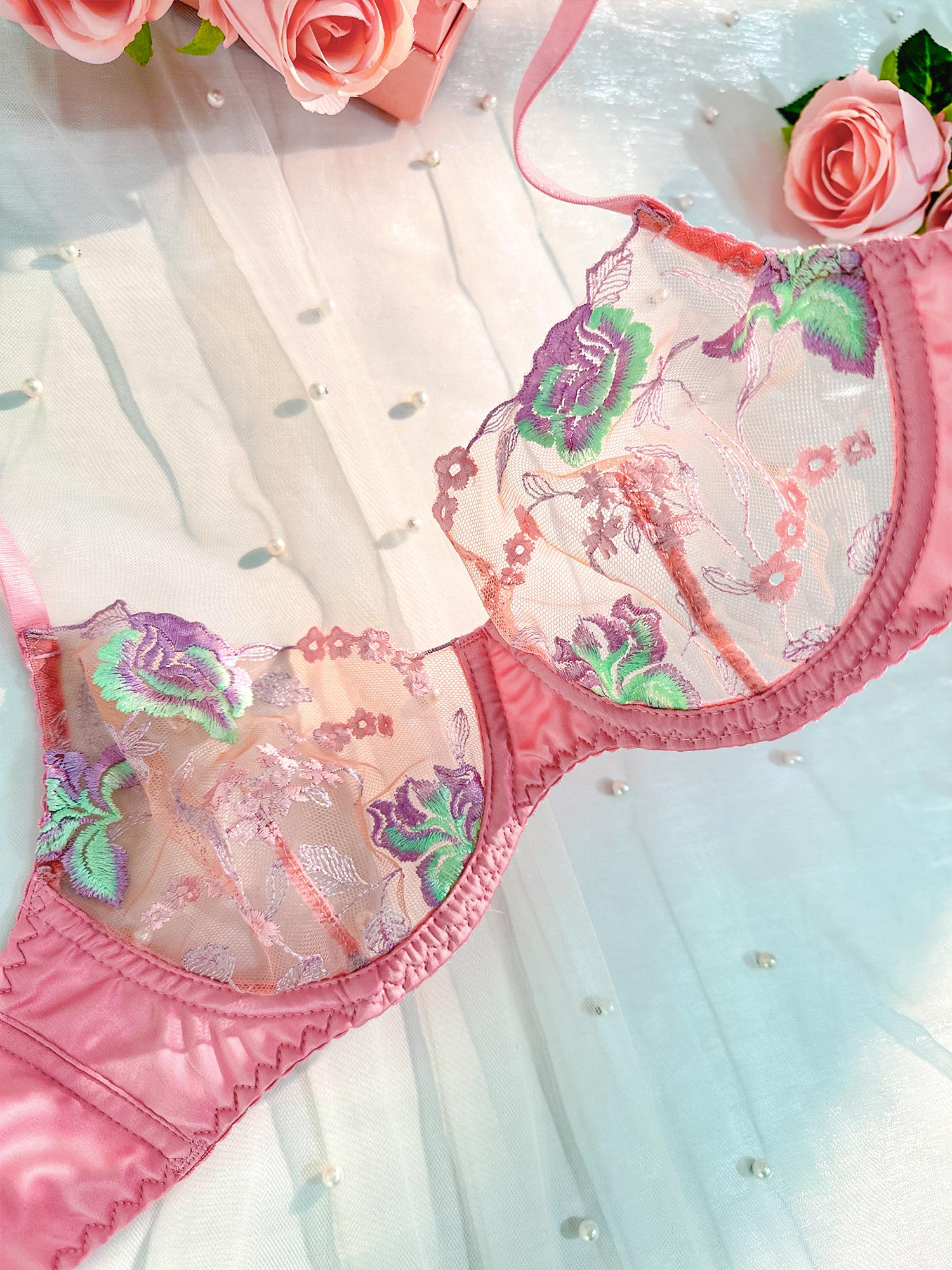 Pink Petals Embroidered Lingerie Set - MATCHING MASTER