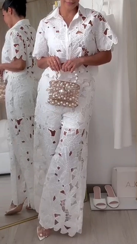 Elegant Two Piece Set with Openwork Lace and Lapel for Women – Casual Chic Style ✨ - MATCHING MASTER