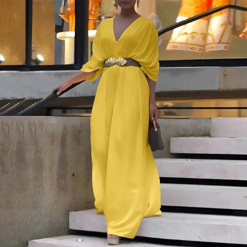 Women's V-Neck Half Sleeve Ruched Jumpsuit - MATCHING MASTER