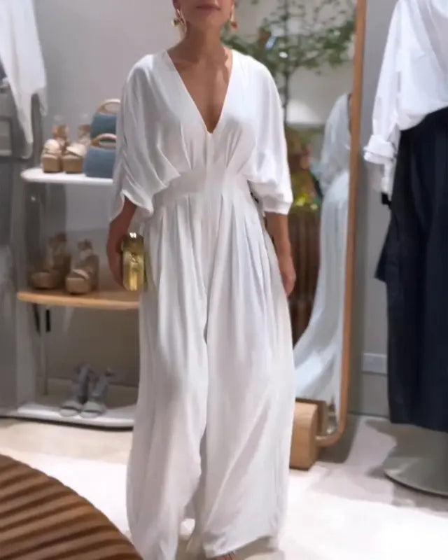 Women's V-Neck Half Sleeve Ruched Jumpsuit - MATCHING MASTER